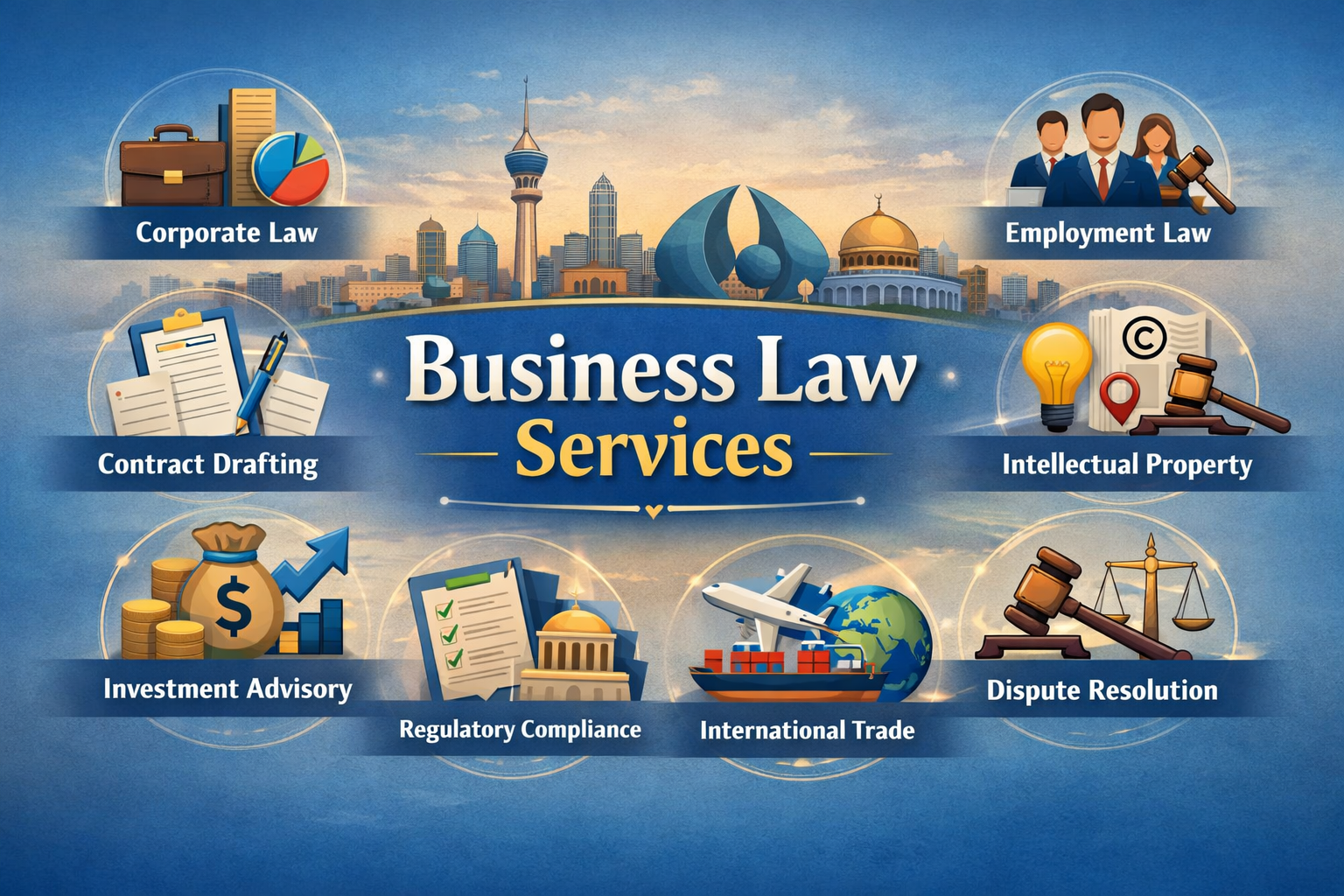 Landscape illustration showing “Business Law Services” with a city skyline backdrop and icons representing corporate law, contract drafting, employment law, intellectual property, investment advisory, regulatory compliance, international trade, and dispute resolution.