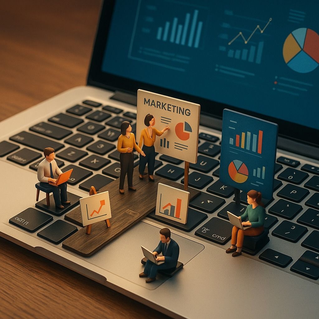 Miniature business figures presenting marketing charts on a laptop keyboard, depicting a teamwork/analytics scene for digital marketing.