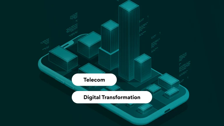 Isometric city on a smartphone with two white rounded labels: 'Telecom' and 'Digital Transformation'.