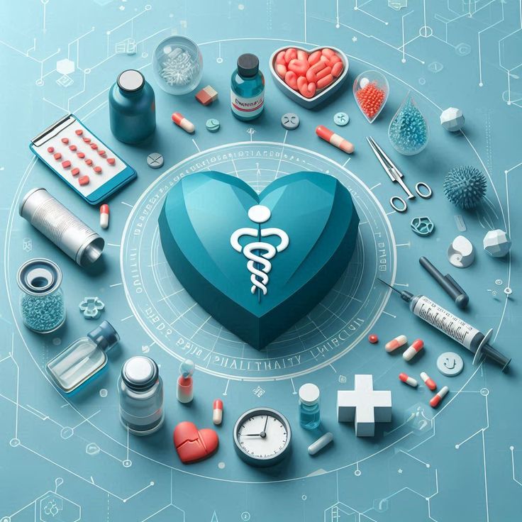 Blue heart with a white medical caduceus emblem at center, surrounded by pills, syringes, and medical tools on a clinical blue background.
