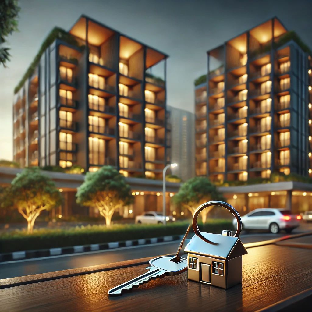 Key with a small house-shaped keychain on a wooden surface, with illuminated apartment buildings in the background at dusk.