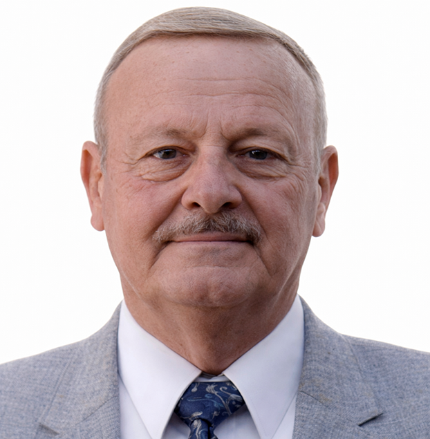 Portrait of an older man with light gray hair and mustache, wearing a light gray suit and patterned blue tie, facing the camera.