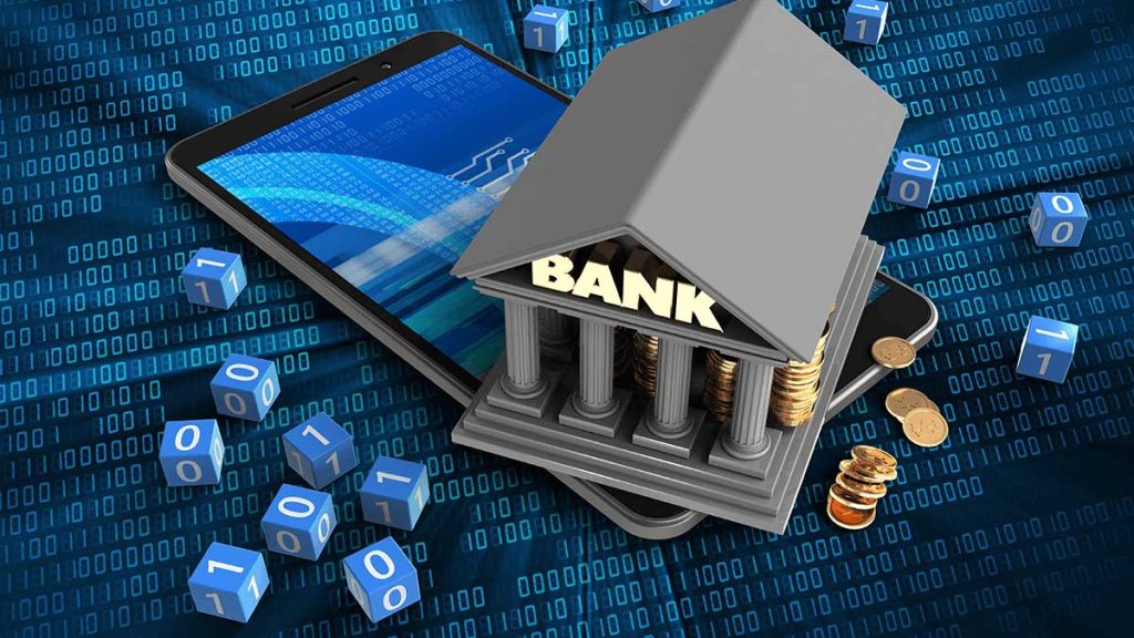 3D bank building atop a tablet, symbolizing digital/online banking with coins and binary backdrop.