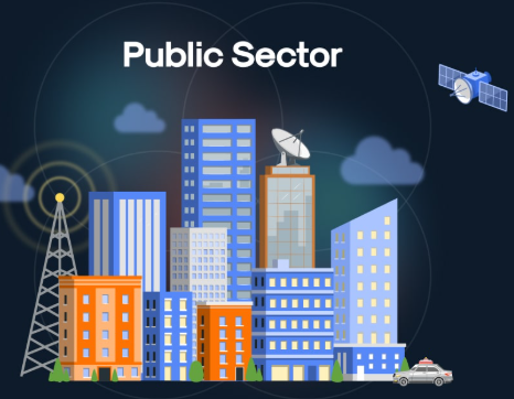 Colorful city skyline with towers, satellite dishes, and a small car, captioned 'Public Sector' to depict public services and infrastructure.