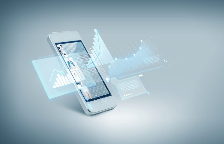 Smartphone with floating holographic data panels and charts around it, symbolizing mobile data analytics.