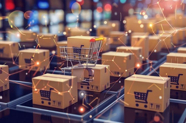 Conveyor belt in a warehouse with cardboard boxes and a small shopping cart, overlaid by orange network lines suggesting smart logistics.