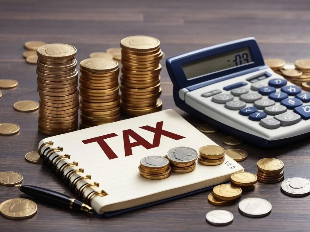 Coins stacked beside a calculator and a notebook labeled TAX on a wooden desk, conveying tax or financial planning.