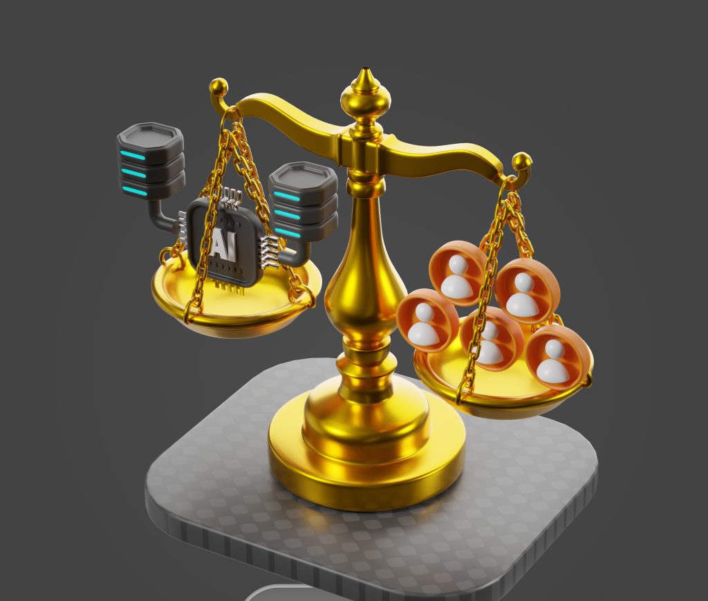 Golden balance scales with an AI microchip on the left pan and multiple user avatars on the right, symbolizing AI versus people balance or ethics.