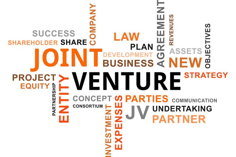 Word cloud centered on 'Joint Venture' with related terms like partnership, equity, plan, strategy, development, assets, and growth.