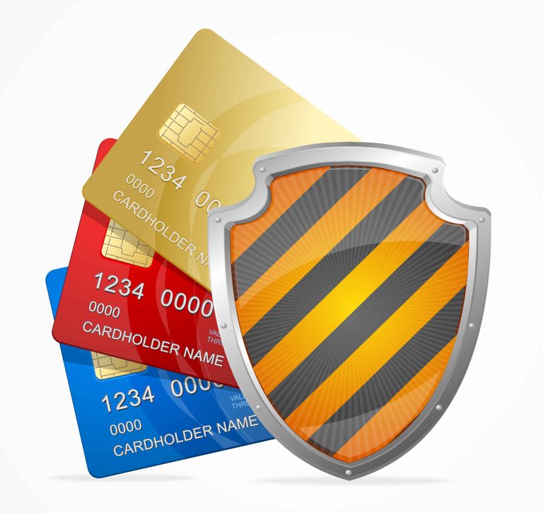 Overlapping gold, red, and blue credit cards behind a silver shield with orange diagonal stripes, suggesting financial security.