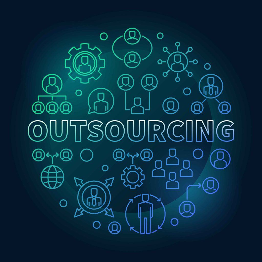 Neon line-art illustration of interconnected people icons and gears representing outsourcing and networked teams.
