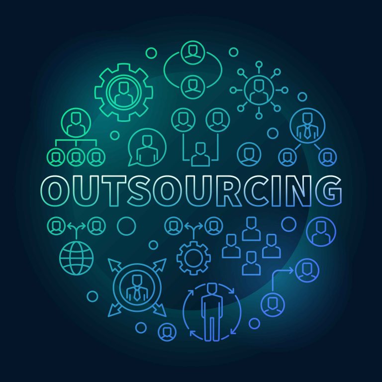 Neon line-art illustration of interconnected people icons and gears representing outsourcing and networked teams.