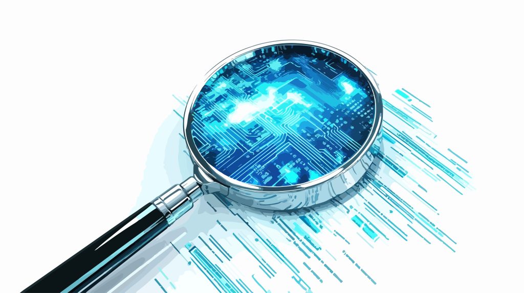 Illustration of a magnifying glass zooming in on a blue globe with digital, circuit-like patterns