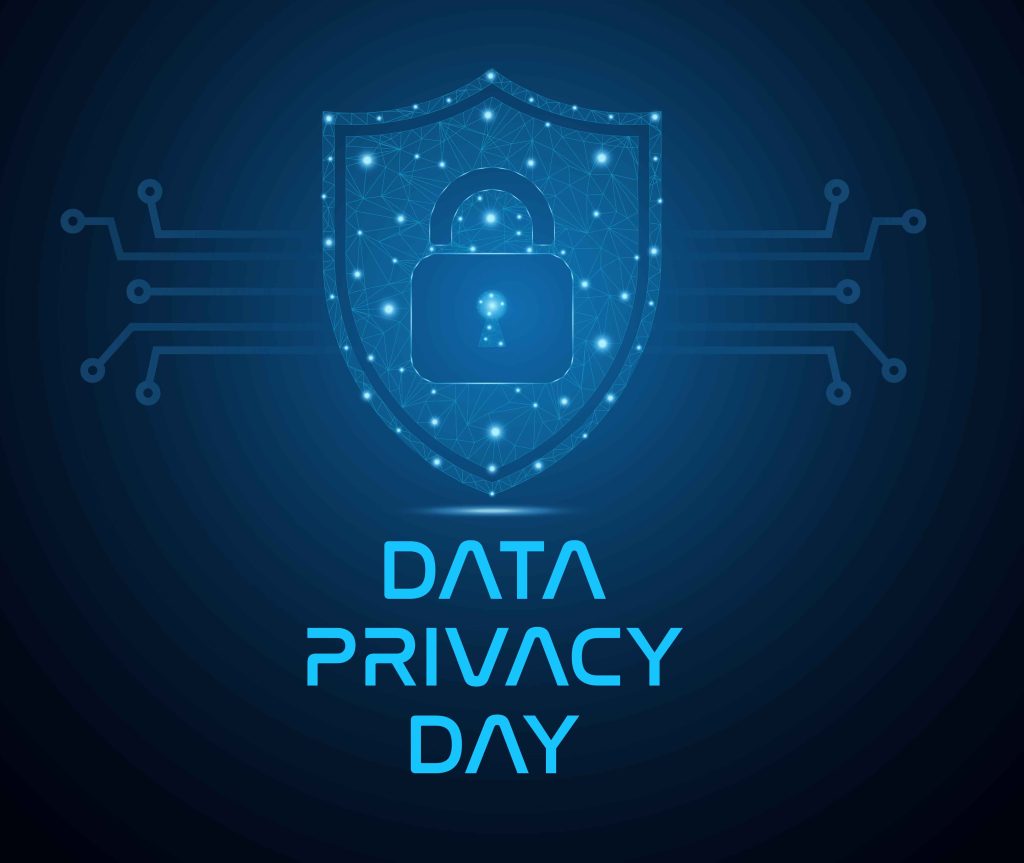 Blue digital shield with a glowing padlock and network lines, conveying data privacy theme, with the words 'DATA PRIVACY DAY' partially visible below.