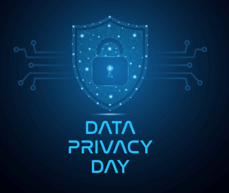 Blue digital shield with a glowing padlock and network lines, conveying data privacy theme, with the words 'DATA PRIVACY DAY' partially visible below.