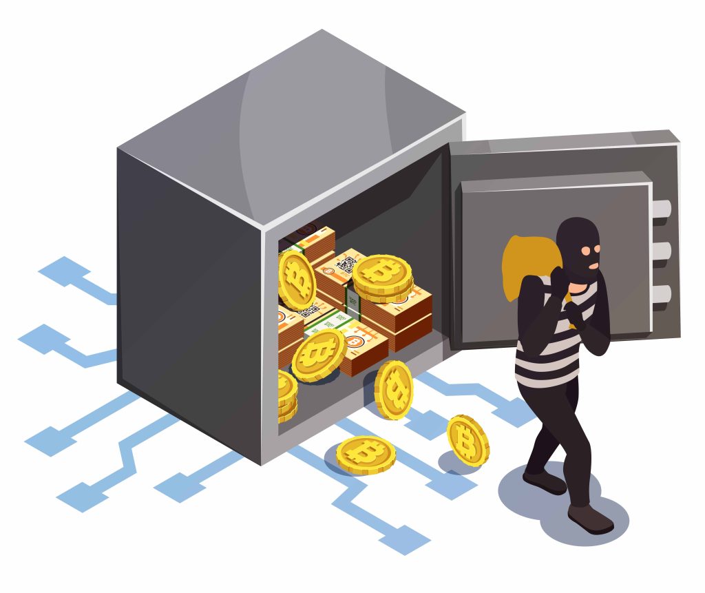 A thief in a striped outfit stands by an open safe, coins spilling out of the vault onto the floor.