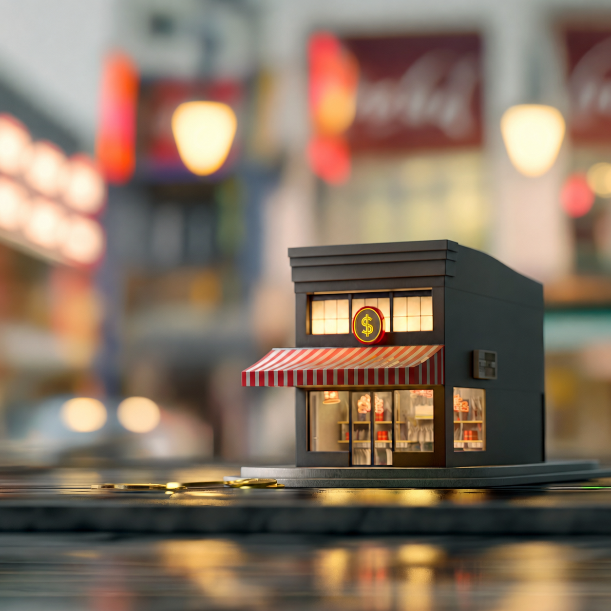 Small toy storefront with a red-and-white striped awning on a glossy surface, city lights blurred in the background.