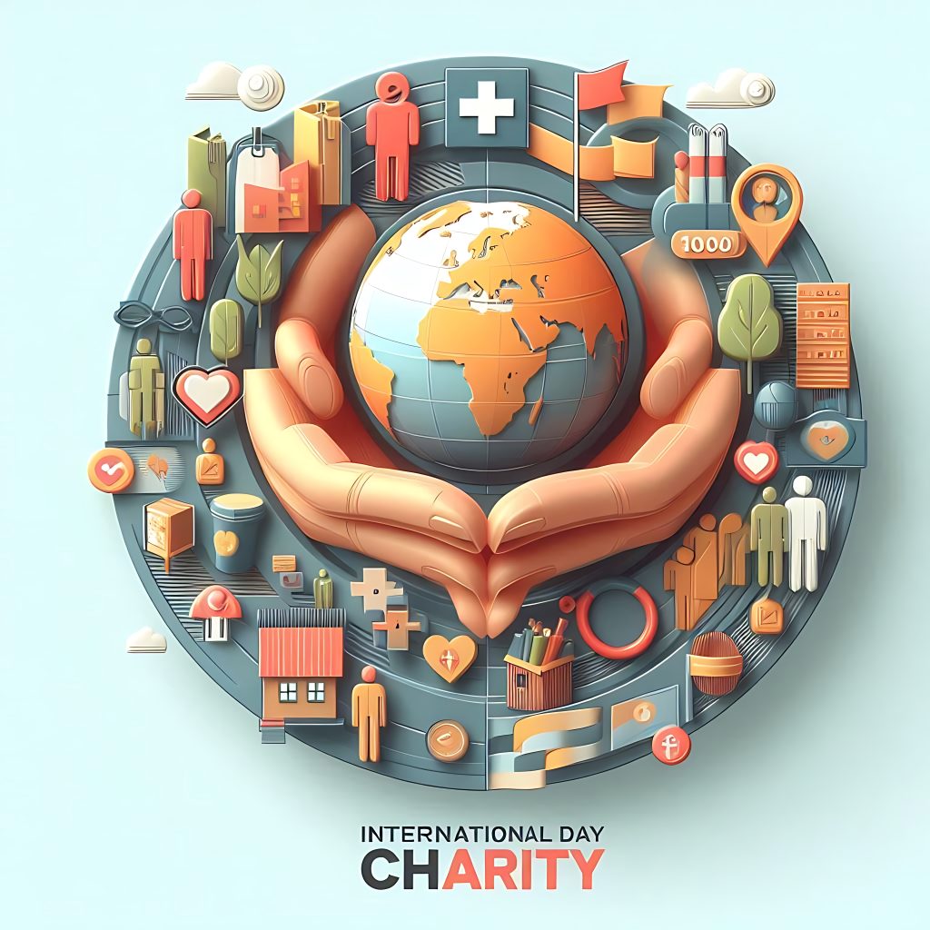 Hands cradle a globe surrounded by charity and health icons, conveying global giving. (International Day of Charity)