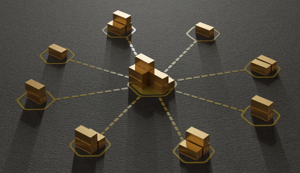 Central stack of gold shipping containers connected by dashed lines to other small stacks, illustrating a logistics network